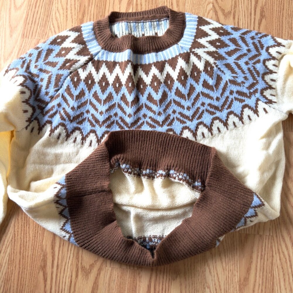 Retro Tribal Pattern Sweater Sz XL Brown Blue Cream Knit Pullover Vintage Style - Picture 6 of 11
